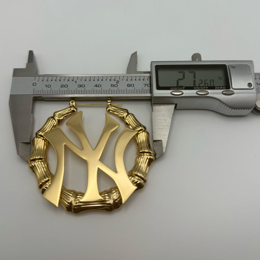 NEW "NY" 2.7" (Large) 18k GOLD PLATED LOGO BAMBOO HOOP EARRINGS